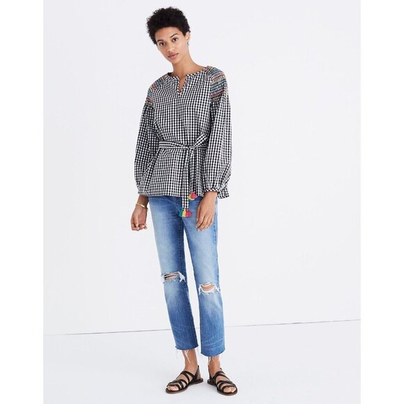 MADEWELL Women's Smocked Gingham Plaid Top Belted SIZE‎ MEDIUM Black / White - Picture 1 of 7